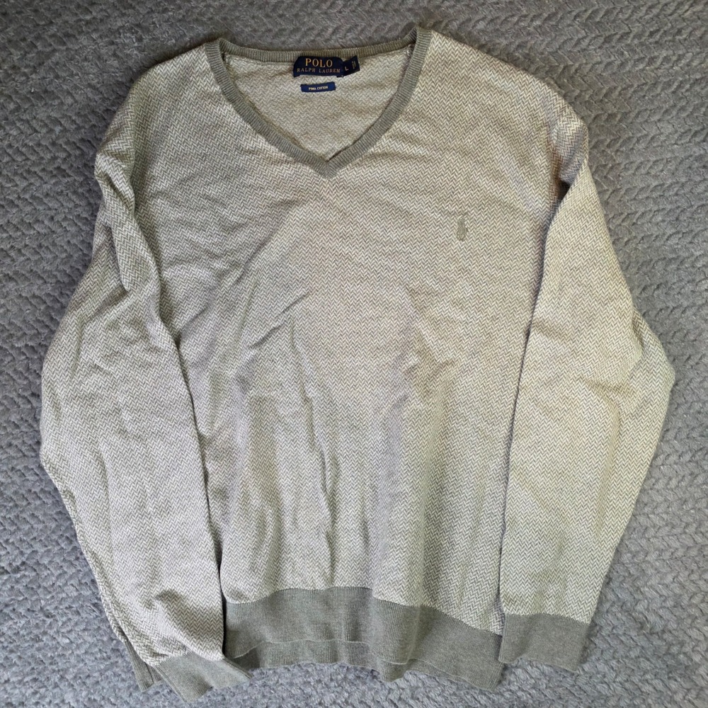 Polo Ralph Lauren Mens Gray Herringbone Pima Cotton V-Neck Sweater Large Pony